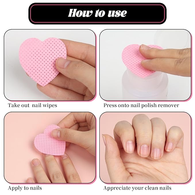 1000 PCS Lint Free Nail Wipes, Heart Shape Nail Cleaning Pads, Nail Polish Remover Wipes for Lash Extension Supplies, Absorbable Eyelash Extension Glue Cleaning Wipe (Pink)