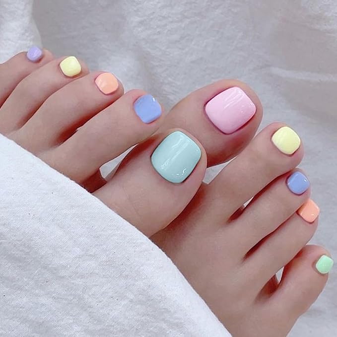 32 Pcs Semi Cured Gel Toe Nail Strips Colorful Pink Blue Gel Nail Stickers Full Cover Nails Wraps Self Adhesive Toe Nails Polish Strips Stickers for Women UV/LED Light Required