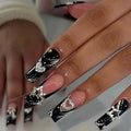 Black Press on Nails Long Square Fake Nails with Heart Star Charms Design French tips Glue on Nails Glossy Reusable False Nails for Women Girls Manicure 24pcs