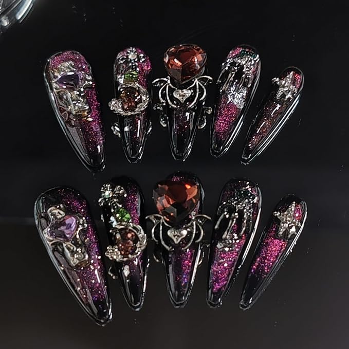 Handmade Press on Nails Medium Almond Fake Nail Halloween 3D Spider and Silver Spider Web Designs Black French Tip Stick on Nails Red Heart Thick False Nails for Women (S)