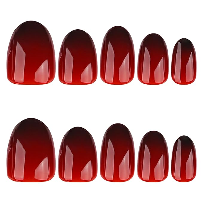 Burgundy Gradient Press On Nails Short Oval, Dark Red Fake Nails with Glossy Gel Finish, Fall Reusable Glue On Nails Kit for Women, Trendy Ombre Design False Nails Set, 24Pcs