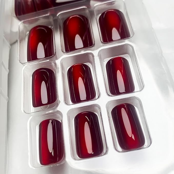 Wine Red Press on Nails Short Square Fake Nails Cat Eye Acrylic Nails Glossy Shiny False Nail Press ons Jelly Gel Design Red Full Cover Glue on Nail for Women Girls Manicure Nail Decoration