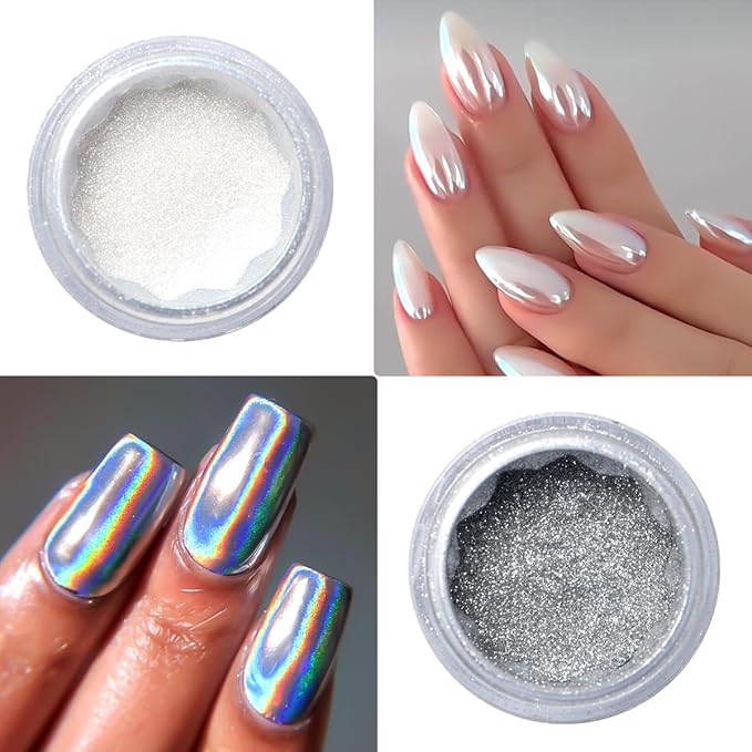 Chrome Nail Powder and 3D Nail Gel Kit, Metallic Mirror Glitter Effect Chrome Powder For Nail Art, Holographic Aurora Iridescent Dip Dust Pigment and 10g Sculpting Gel Set for Nail Decor DIY