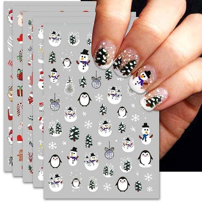 Christmas Nail Art Stickers, Pegatinas Uñas Navidad - Self-Adhesive Santa Hat Snowflake Elk Xmas Tree Design for Manicure DIY Holiday Nail Decals Decorations (6 Sheets)