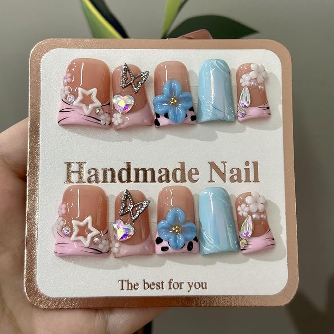 Duck Press on Nails Handmade Fake Nails Short False Nails with Glue,Muti-Layer Gel Thick Press ons Nail 3D Flower Art ＆ Luxury Gems Design Reusable Pink French Nails for Women(Size S)