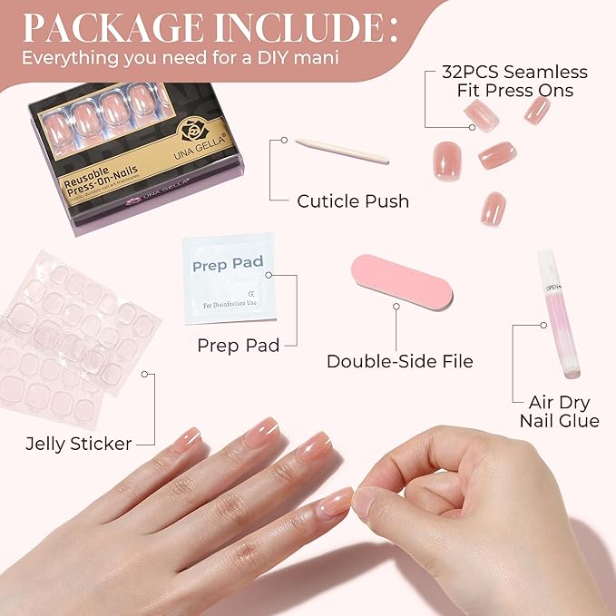 UNA GELLA Chrome Nude Press On Nails: Short Square Soft Gel Press Ons Kit with Nail Tips Glue on Nails, 16 Sizes - 32 Reusable Chrome Holographic Fake Nails Kit, Nude Pink
