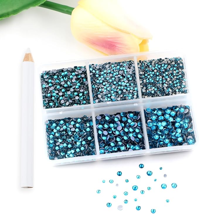Bymitel Hotfix Crystal Rhinestones Round Gems for Crafts,Mixed 6 Sizes with Wax Pencil Kit, Blue Zircon 1.3-3.2mm(SS3-SS12/8000pcs)