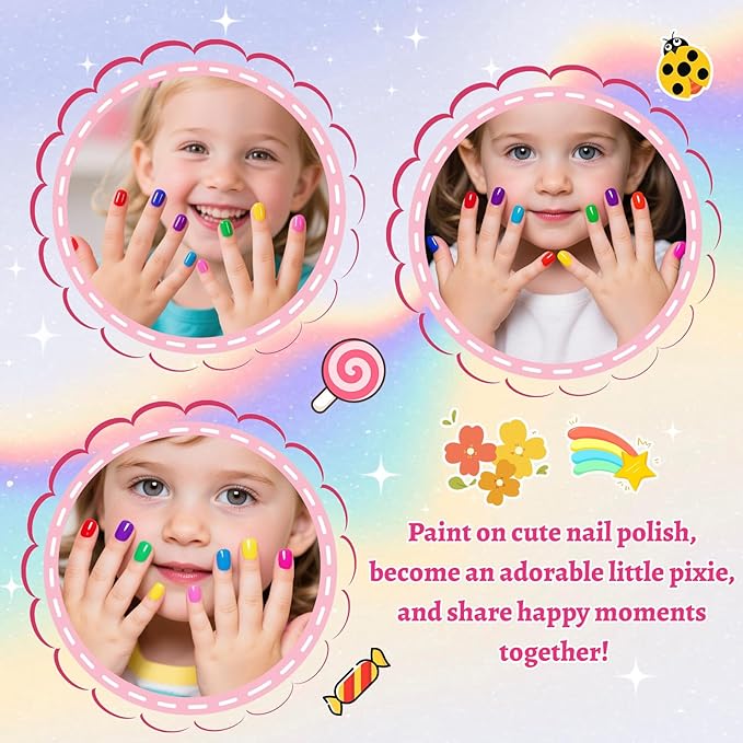 Quick Dry Kids Nail Polish Set, Non-Toxic Toddler Nail Polish, Water-Based Peelable Fingernail Polish for Kids, 6 Color Rainbow Nails Polish for Party, Holiday Favors, Party Favors