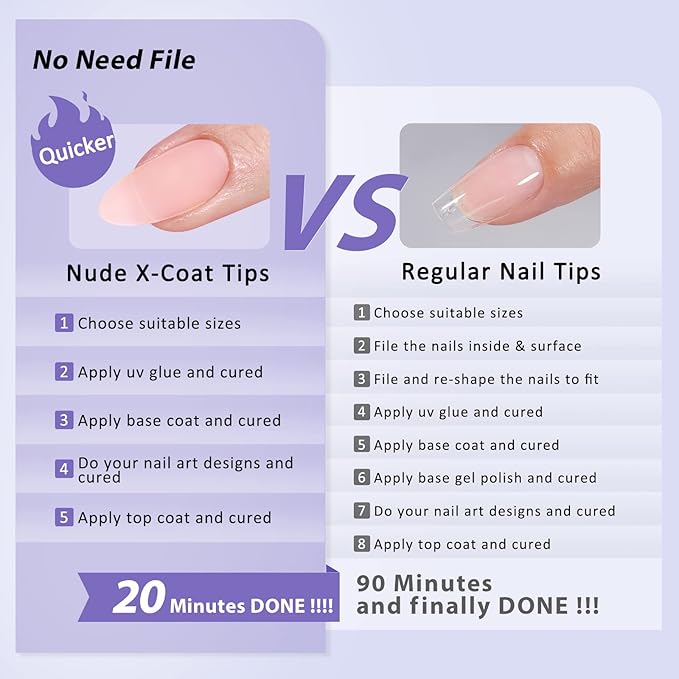 BTArtbox Almond Press On Nails - Soft Gel Nail Tips Medium XCOATTIPS Natural with Base Color, Stronger Adhesion, Nude Pre-shaped Ultra Fit Fake Nails for Women Gift