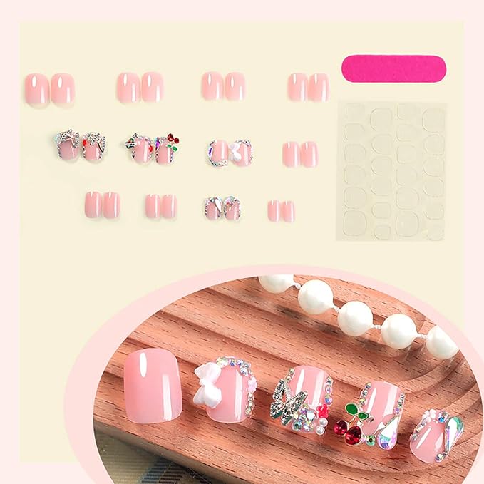 Extra Short Press on Nails Square Fake Nails Pink Full Cover False Nails Press ons with Designs Nails Bow and Cherry Artificial Acrylic Nail for Women Girls 24Pcs Stick on Nail