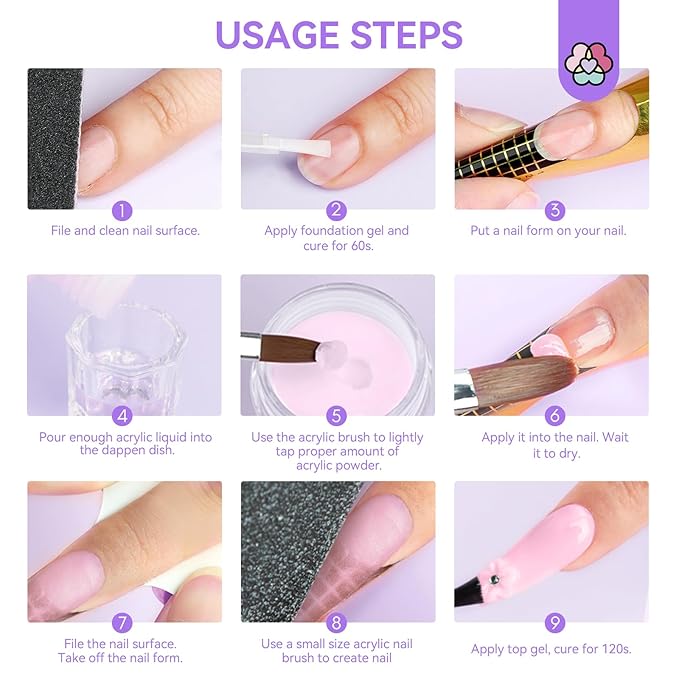 SAVILAND Acrylic Nail Kit for Beginners: Clear Nudes Pink Acrylic Powder and Liquid Set with #12 Acrylic Nail Brush Cuticle Oil Pen Forms Tools Extension Nail Kit with Everything Home DIY