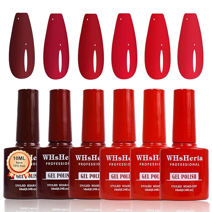 TPO Free Gel Nail Polish Set，6pcs 10ml Red Popular Dark Red Light Red Burgundy Colors Long-lasting Soak off LED/UV Light Suit Give it to Women as a Gift for Daily Life at Home (119-A)