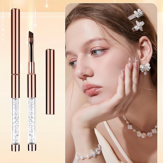 Builder Gel Brush, 2Pcs Oval UV Gel Nail Brush Rhinestone Handle Professional Nail Art Tools Nails Drawing Pen Gel-Brushes for Nails Rose Gold