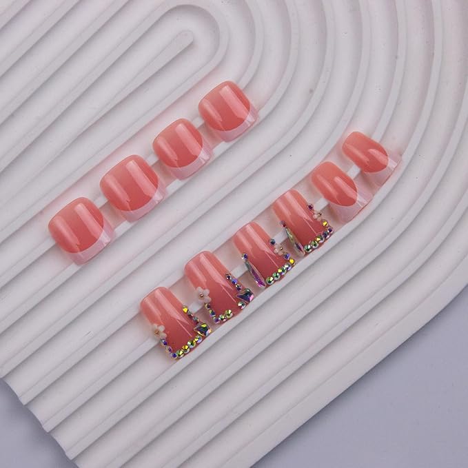 Duck Shaped Press on Nails Short & Press on Toenails Set, White French Tip Press on Nails with Rhinestone Design Glue on Nails Short Press on Toenails Full Cover Stick on Nails for Women 48Pcs