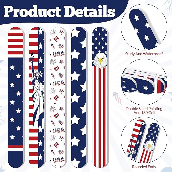 60 Pack Memorial Day Nail Files 4th of July Independence Day Gifts for Women Patriotic American Flag Pattern Emery Boards, Double Sided 180 Grit Professional Fingernails Tool