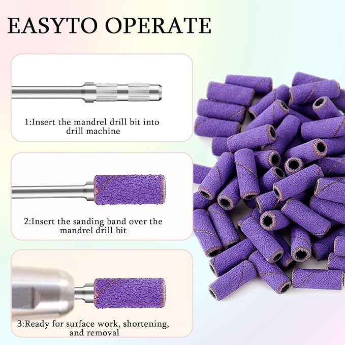 100pcs Nail Drill Bits Small Sanding Bands with Upgrade 3.1mm Mandrel Bit,180 Fine Grit Nail File Sanding Bands for Acrylic Nails Gel Removing Shaping Manicures and Pedicure (Purple, 180 Grit)