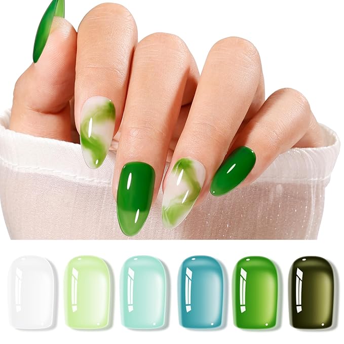 GELLEN Jelly Green Gel Nail Polish Set, 6pcs Soak Off UV Cure Gel Polish for Nail Art Salon Diy at Home, Sheer Mint Olive Sage Emerald Green