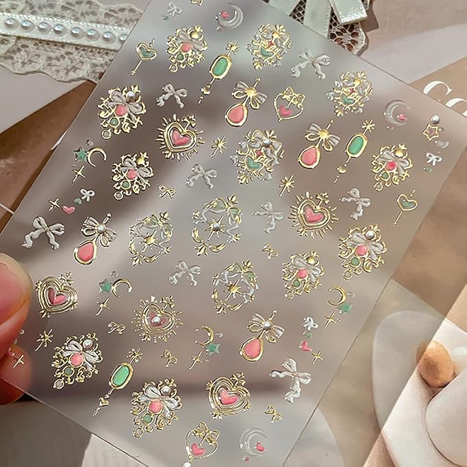 5D Embossed Gemstone Nail Stickers Self-Adhesive Valentines Nail Art Stickers Gold Heart Bow Moon Gems Designs Shiny Luxury Nails Art Supplies Cute Nail Decals for Women Manicure Decorations DIY