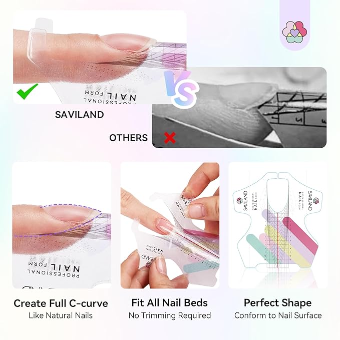 SAVILAND Plus Nail Forms: Reusable Sticky Nail Form for Builder Gel Super Adhesive Nails Extension Forms for Acrylic Nails with Precise Length Guide