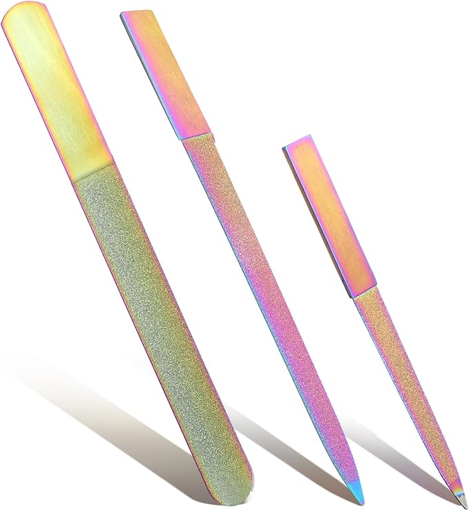 Diamond Nail File Set, 3Pcs Stainless Steel Double Side Fingernail Files Metal Nail File Manicure Pedicure Toenail Tools for Salon Home, Women Men Nail Care Tool (Colorful)