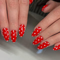 Press on Nails Medium Almond MABKJLF Fake Nails Red False Nails with White Polka Dots Designs Full Cover Glossy Glue on Nail Acrylic Nails for Women Girls 24Pcs