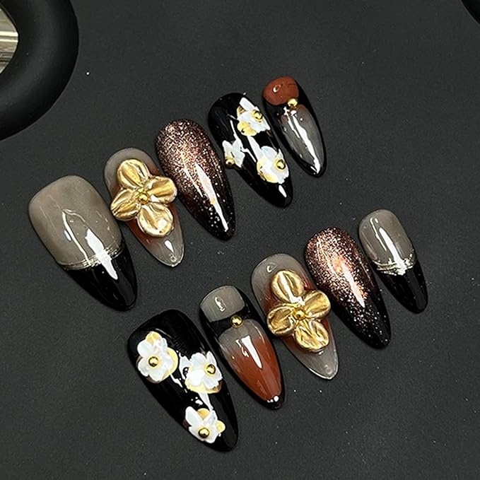 Handmade Press on Nails Medium Almond False Nails Black French Tip Stick on Nail 3D Fall Golden Flower Designs DIY Glitter Nail Art Reusable Multi-Layer Gel & Thick Acrylic Fake Nails for Women (M)