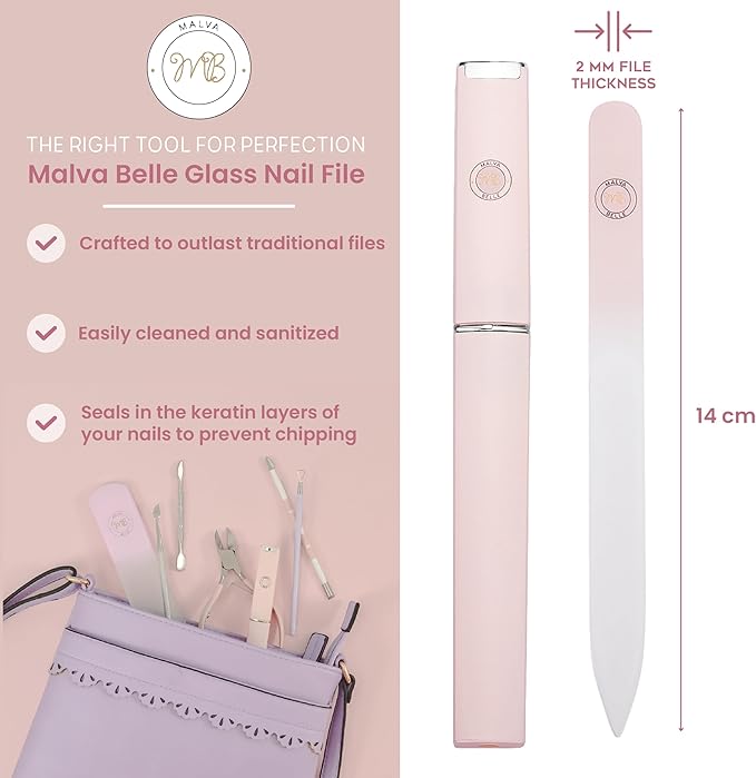 Malva Belle Best Crystal Glass Nail File for Women - File & Travel Case Set - Heavy Duty for Natural Nails, Gel - Professional Nail Shaper – Nail Care Essentials - Pastel Pink 2mm