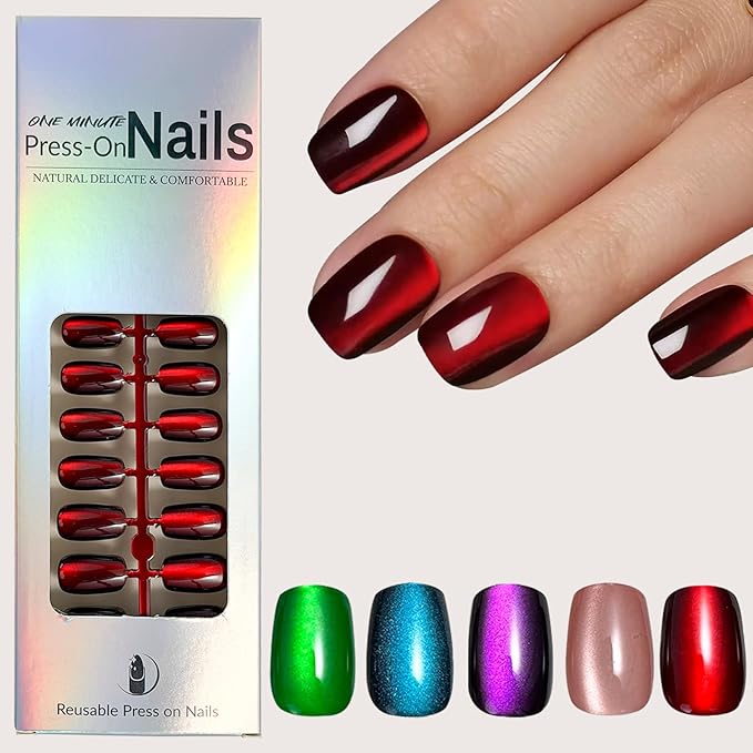 150Pcs Cat Eye Press on Nails Short Square Fake Nails 5 Color Glitter Glossy Glue On Nails Full Cover Shiny Acrylic False Nail Tips Kit for Women DIY Nail Art Manicure 15 Size