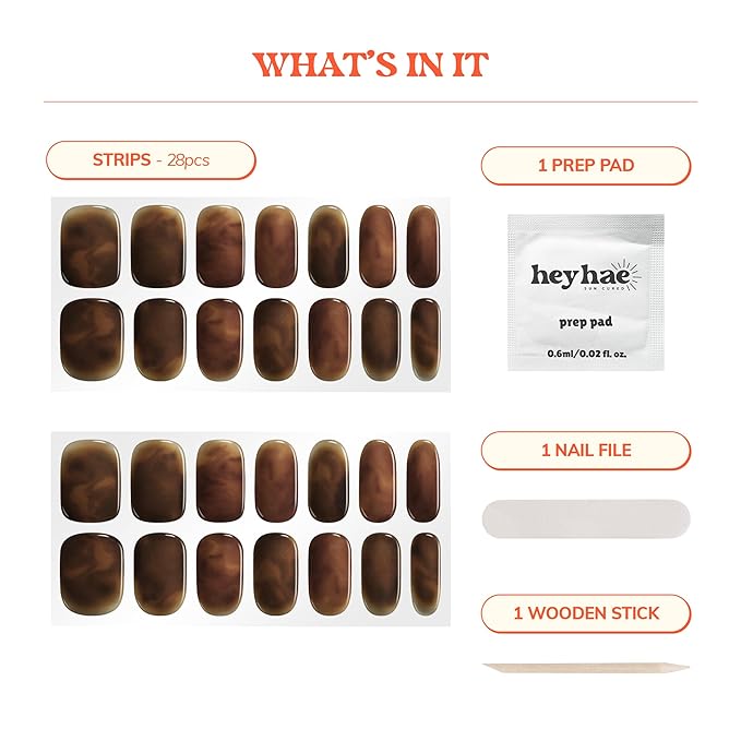 Heyhae Semi Cured Gel Nail Strips | No LED Lamp Needed | Marble, Brown | Easy Apply & Remove, Salon Quality | Includes 28 Strips, 1 Prep Pads, Nail File & Wooden stick - Hey, Coffee Run?