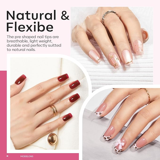 modelones Short Square Gel Nail Tips, 9-in-One Nail Glue with Portable U V Lamp 216Pcs 12Sizes Pre-Etched Press ons Fake Acrylic Extension Kit DIY Salon Gift for Women