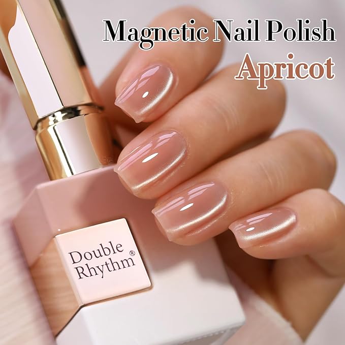 Double Rhythm 0.5 Oz Cat Eye Gel Polish with Magnet Same Color Same Bottle Holographic Glitter Shimmer Translucent Color Salon 15 ML Magnetic Nail Art (Apricot Nude-MC1166)