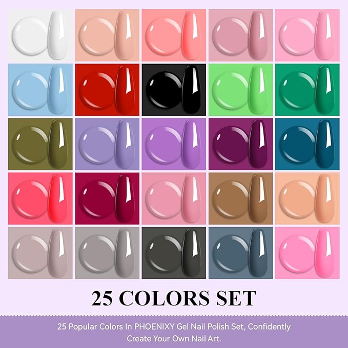 Phoenixy 30Pcs Gel Nail Polish Set, 25 Colors All Seasons Gel Polish with 5Pcs Base and Glossy Matte Gold Sliver Glitter Top Coat Black White Pink Blue Purple Valentine Nail Polish Set Gifts for Women