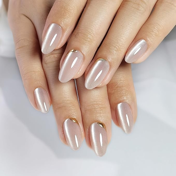 Press On Nails - Glow | Champagne Cat Eye 3D Gold Design, UV Finish Almond Nails, Salon Quality | 32 Nails, 16 Sizes Kit with Glue and Adhesive Tabs I Female Founded - Beauty, Self Care