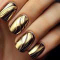 Press on Nails Gold Fake Nails Short Square False Nails Press ons with Designs Gold Line Stripes Acrylic False Nails Glossy Shiny Full Cover Glue on Nail for Women Nail Manicure Decoration 24Pcs