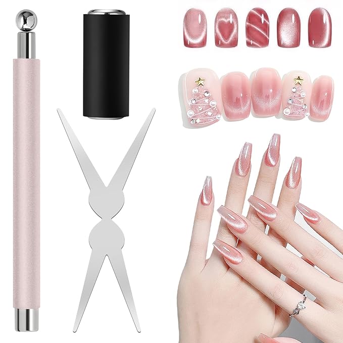 3Pcs Cat Eye Magnet for Nails - 3-in-1 Nail Art Magnet Kit with Scissor & Cylinder Magnets to Create Glass Beads, Wide & Curved Cat Eye Gel Polish Designs, Great for Salon & DIY Manicure