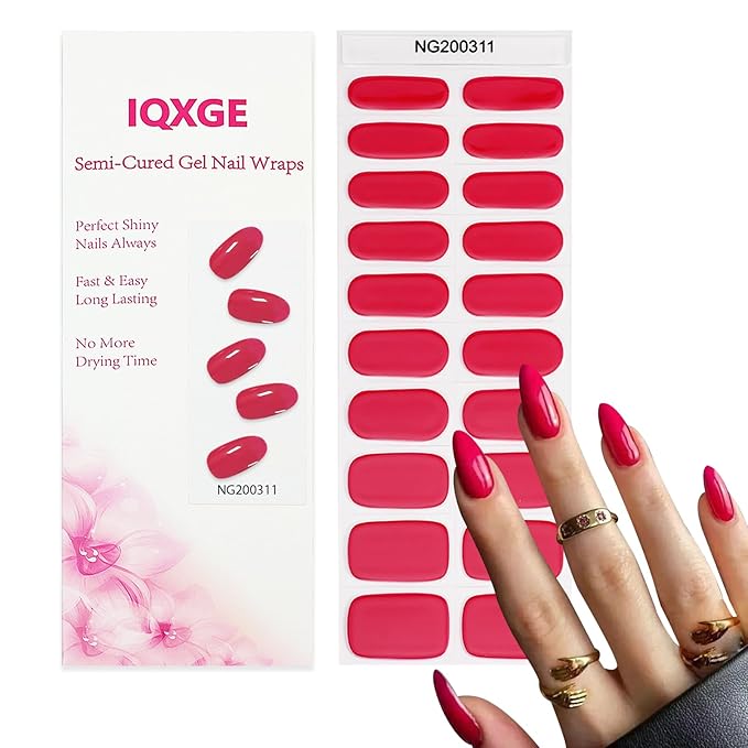20Pcs Semi Cured Gel Nail Strips Hot Pink Gel Nail Stickers UV/LED Light Needed Full Polish Nails Wraps Glossy Nails Polish Strips for Women Includes Prep Pads, File, Wooden Cuticle Stick