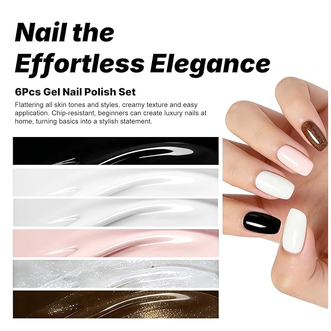 JR Gel Nail Polish Set, 16ml Full Size Bottle 6 Colors Milk White Pink Black 9D Cateye Glitter Nail Gel Polish Gift Soak Off Led Nail Art Kit Salon DIY Colorful Bottle J