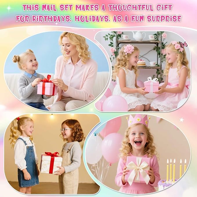 144 Pcs Press on Nails for Girls, Stick On Nails for Kids Short Acrylic Fake Nails Cute Nails Art Stuff for Little Girl 8-10