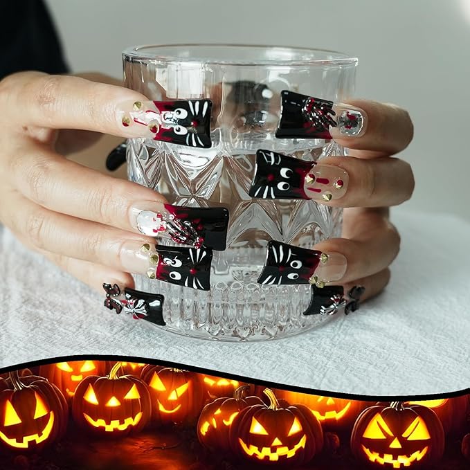 Long Duck Press on Nails - Hand-Painted Black Cat Design False Nails with Y2k Edgy Style Gold Spike Studs & Halloween Blood Drop Designs - Glossy High French Nails Tips (Hand-Painted Cat, M)