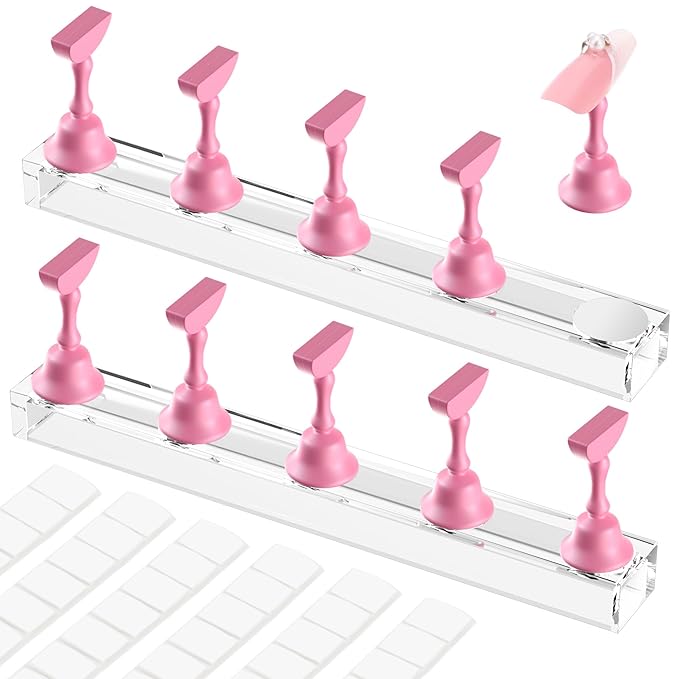 Nail Stand for Press Ons, Nail Holder for Painting Nails Magnetic Fake Nail Stand Tips Design with Putty Practice Nail Art Tools for Home Salon DIY Beginner Supplies (Rose)