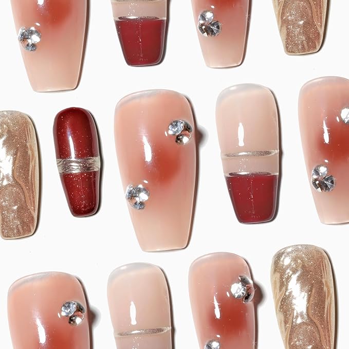 Sun&Beam Nails Handmade Press-on Medium Long Coffin Ballerina Red Nude Gold Gradation Design False Nail Tips 10 Pcs (#043 L)