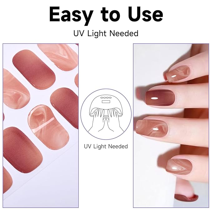 Semi Cured Gel Nail Strips, 28 pcs Gel Nail Stickers Work with Any UV Lights, Long-Lasting Nail Wraps, Stick on Nails for women Easy to Apply & Remove