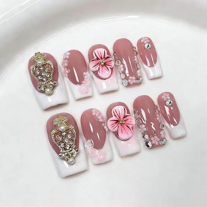 Handmade Press on Nails Medium Square Fake Nails White French Tip Nails Press Ons with Charms and Rhinestones Design False Nails Luxury 3D Flower Artificial Stick on Nail for Women 10Pcs(Size M)