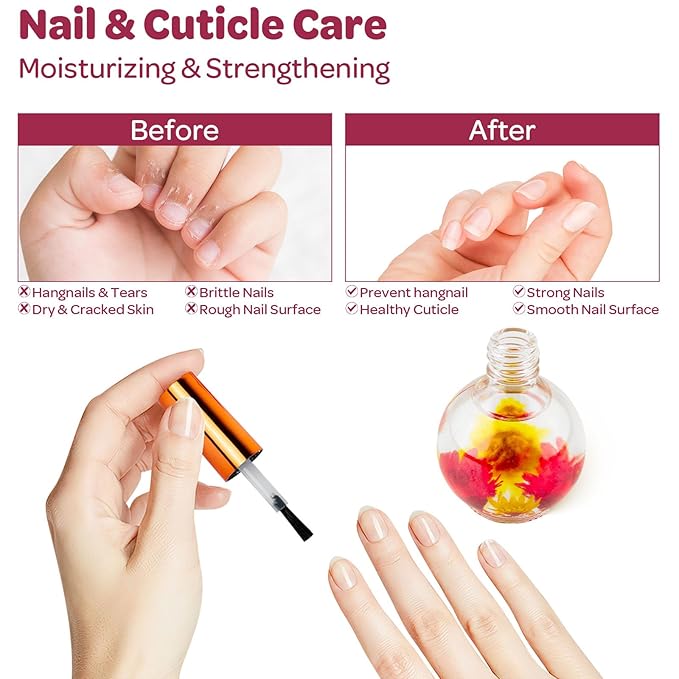 JIASHENG Cuticle Oil, Cherry Scented Cuticle Nail Oil Infused with Real Flowers, Hydrates, Moisturizes, Strengthens, Repairs, Revitalizing Cuticle Oils for Nails Damage Dry Cuticle, 15ml