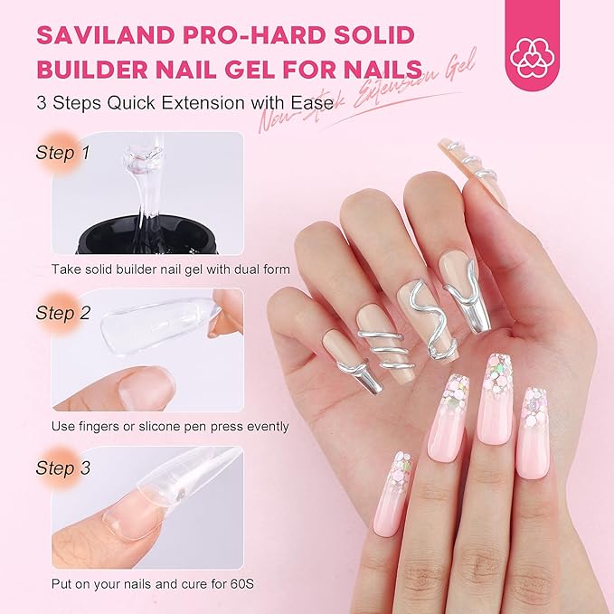 SAVILAND PRO-Hard Solid Builder Nail Gel for Nails: 2026 Ultra-Strength | Non-Sticky | Clear 3D Nail Gel with U V Lamp for 3D Nail Carving Emboss & Fast Extension Professional Use Salon