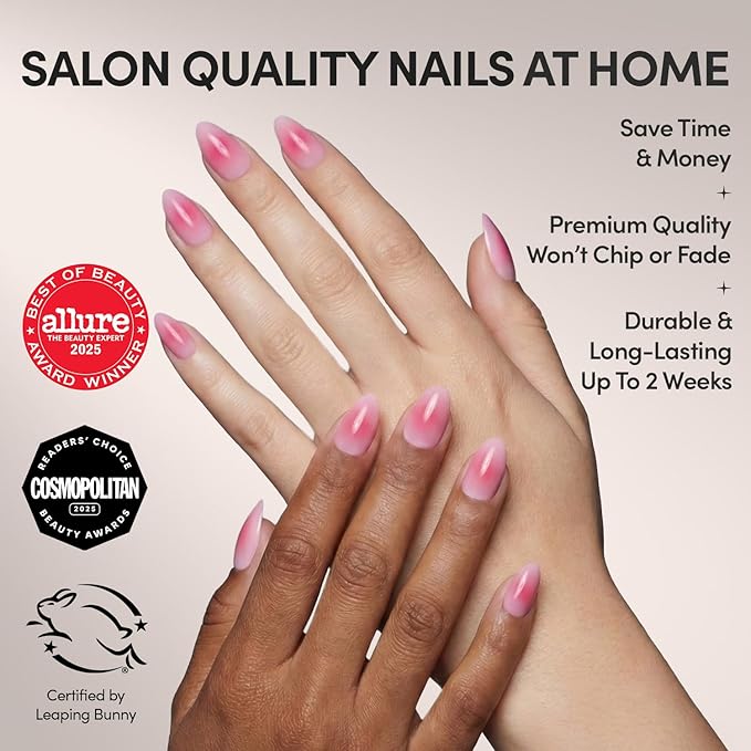 Glamnetic Press On Nails - Blushing Aura Fake Nails | Short Almond Trendy Pink with Ombre Center Nails in a Glossy Finish | 15 Sizes - 30 Nail Kit with Glue
