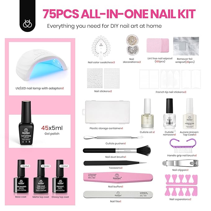 Beetles Gel Nail Polish Kit with U V Light - 75PCS Chic Outfits 45 Colors Gel Polish Set All Season Nail Kit with 5PCS Base Top Coat Soak Off Nails Art Tools Perfect Manicure Set Gifts for Women