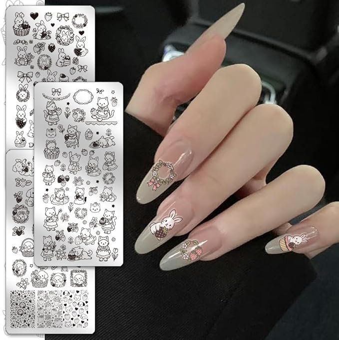 PH PandaHall 3pcs Rabbit Puppy Cat Nail Stamping Plates, Lovely Bow Strawberry Nail Art Templates Cute Animal Stainless Steel Image Plate Art Stencils for Easter DIY Print Manicures Salon Design