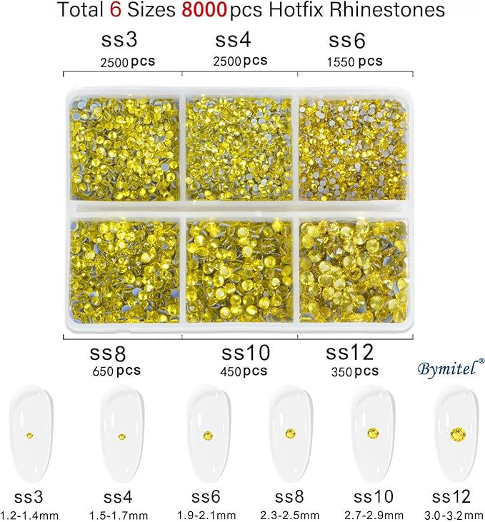 Bymitel Hotfix Crystal Rhinestones Round Gems for Crafts,Mixed 6 Sizes with Wax Pencil Kit, Citrine1.3-3.2mm(SS3-SS12/8000pcs)