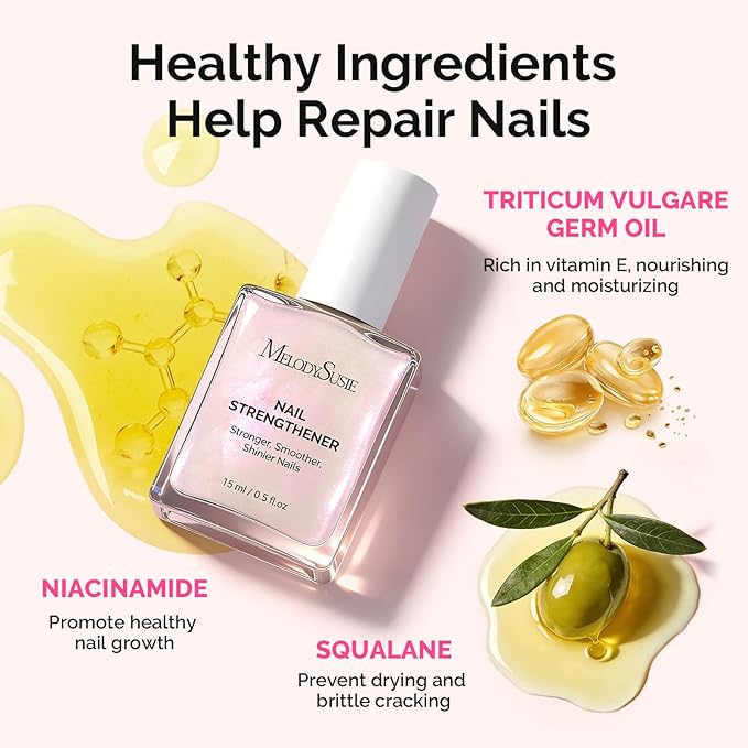 MelodySusie Nail Strengthener and Growth Treatment, 2-in-1 Ridge Filling Base Coat & Glossy Concealer Polish for Damaged Nail Repair and Healthy Shine,Gifts for Women 15ml 0.5 Fl Oz Holographic White